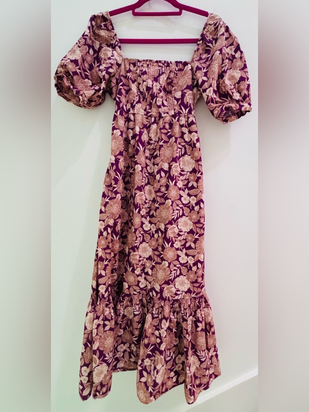 Favorite Daughter Purple Floral Mirka Midi Dress with Tan Flowers